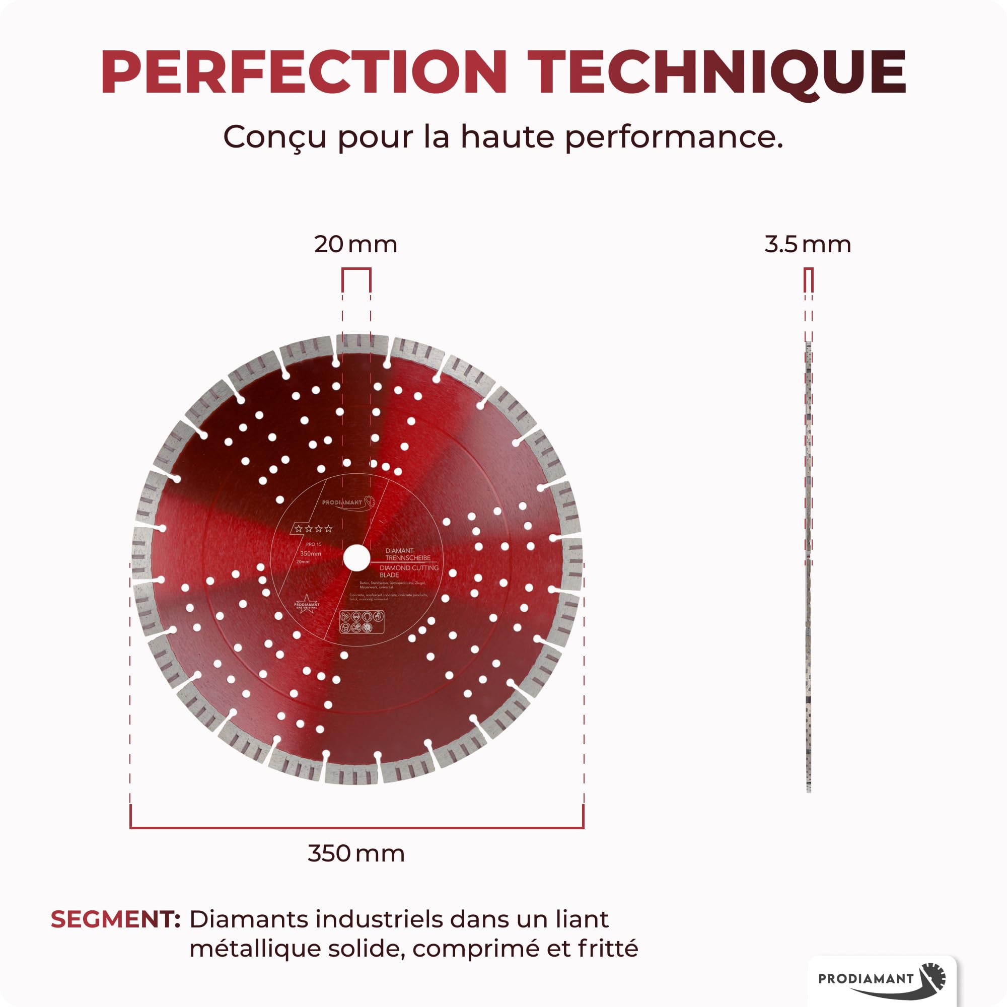 PRODIAMANT Pro15 Disque diamant béton Ø 350 mm x 20 mm segments 15 mm coupe rapide longue durée professionnel scie de sol