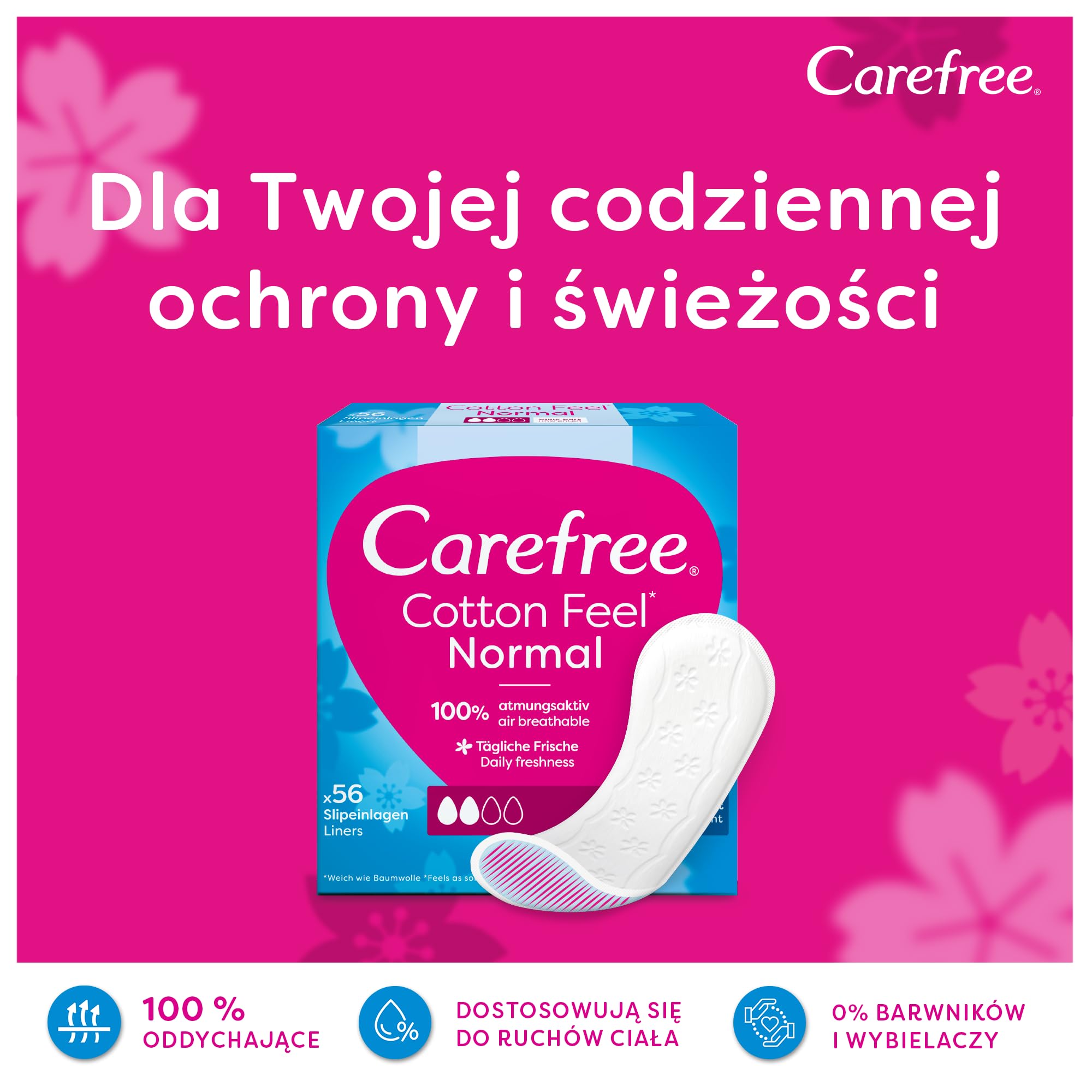 Carefree Cotton Aloe 76 szt. Wkładki higieniczne o zapachu aloesowym. Miękkie i łagodne dla skóry. Zawierają naturalny ekstrakt z bawełny. Nie zawierają barwników, niebielone chlorem.