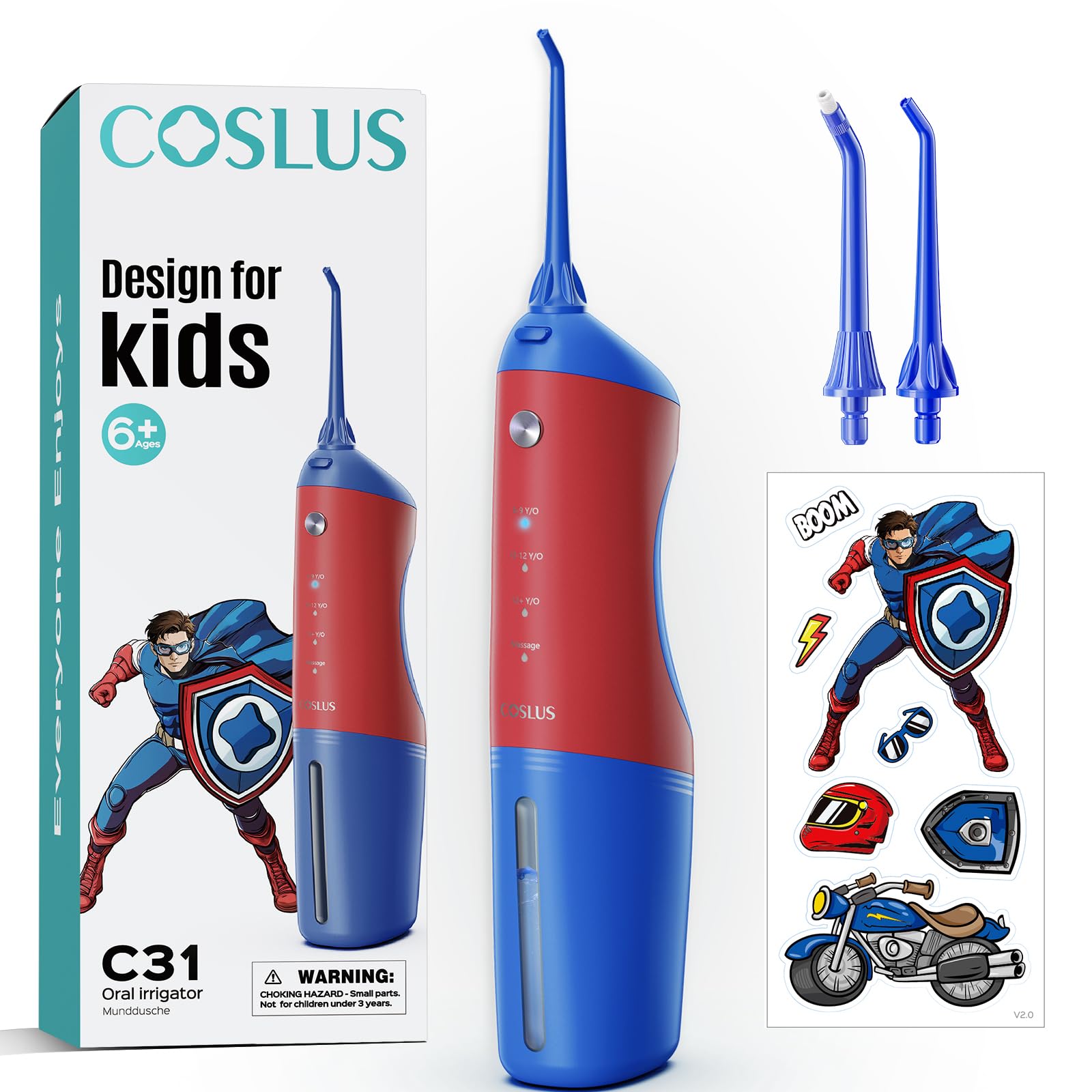 COSLUS Kids Water Dental Flosser Deep Cleaning Picks Portable 4 Modes for Ages 6+ Safe Waterproof Rechargeable with 2 Jet Tips for Gums Care Red Blue