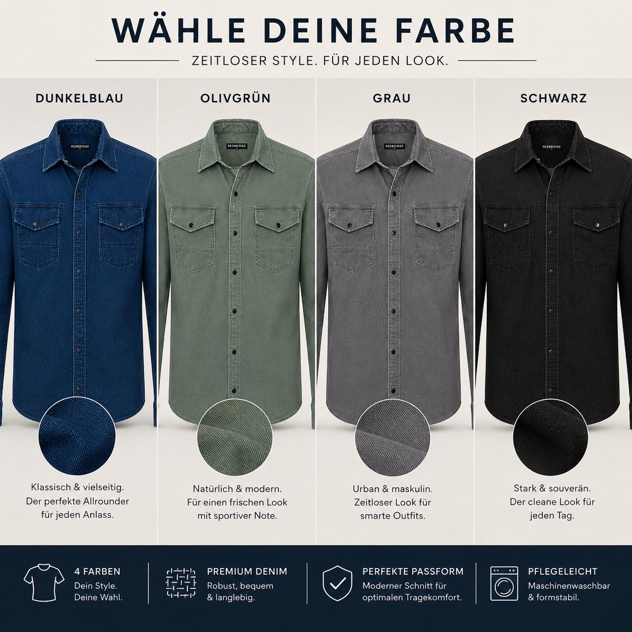 Redbridge - Camicia in denim di alta qualità, in cotone, casual