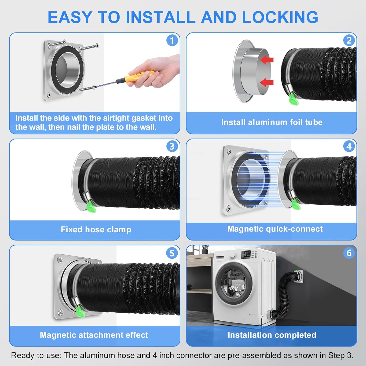Magnetic Dryer Vent Connector Kit, DV180 Airtight Seal Magnetic Dryer Vent Coupling, Easy to Clean Dryer Vent Hose Quick Connector Including a 3.28ft 4" Duct & 2 Clamps