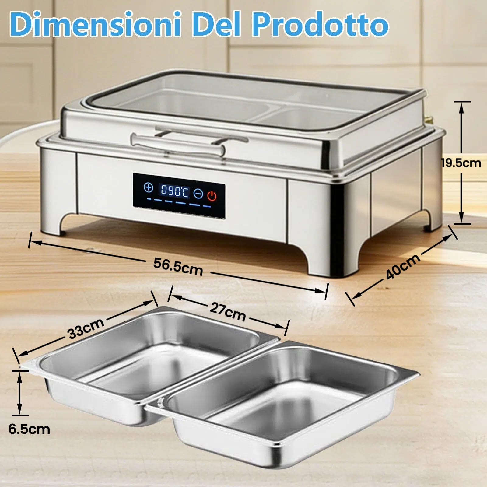 Chafing Dish Elettrico 9L, Scaldavivande Elettrico per Buffet Acciaio Inox 304, Chafing Dish Buffet con 35-90°C Temperatura Regolabile e Coperchio Visibile, per Banchetti, Feste e Eventi(1/2 Pan)