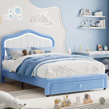 Takywep Upholstered Bed Frame with Led Lights Headboard & Storage Drawer - 3-in-1 Velvet Platform Bed for Kids, No Box Spring,Wood Slats Support, Noise Free, Easy Assembly for Boys Girls