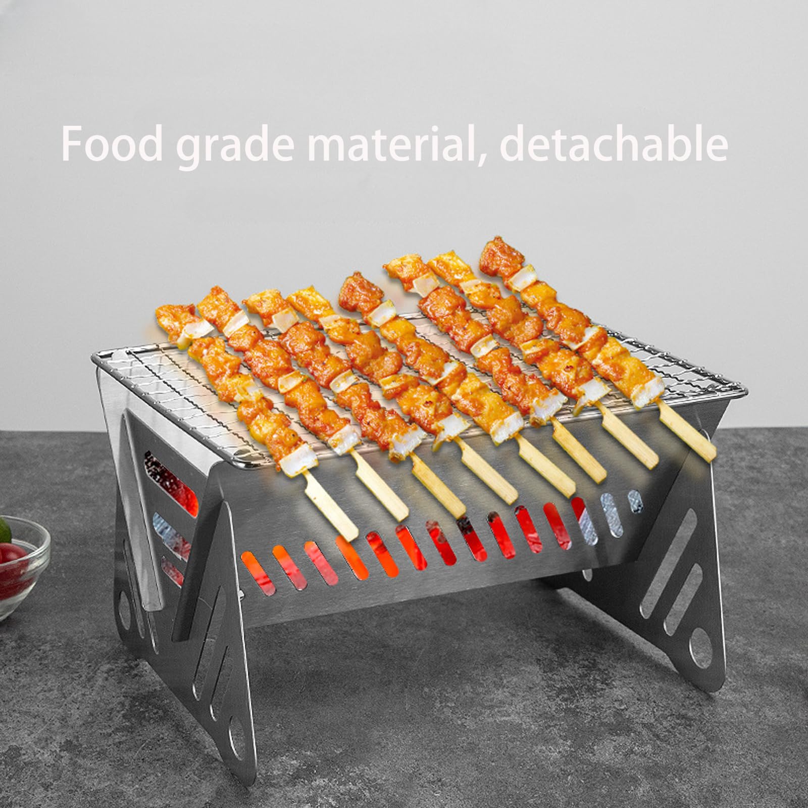 Mini parrilla de camping portátil con palo de bambú/bolsa de almacenamiento, pequeña parrilla extraíble de barbacoa de mesa para acampar patio, al aire libre, parrilla de camping de acero inoxidable 2
