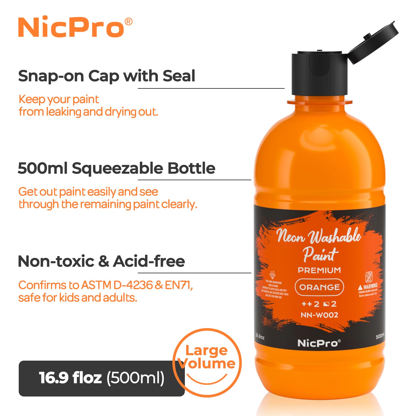 Nicpro Peinture Fluorescente Lavable 6 Couleurs X 500 ml, Peinture Acrylique Luisant Dans Le Noir, Non Toxique, Acrylique Fluorescente pour Bricolage, Vêtements De Fête, Halloween, Noël Déco