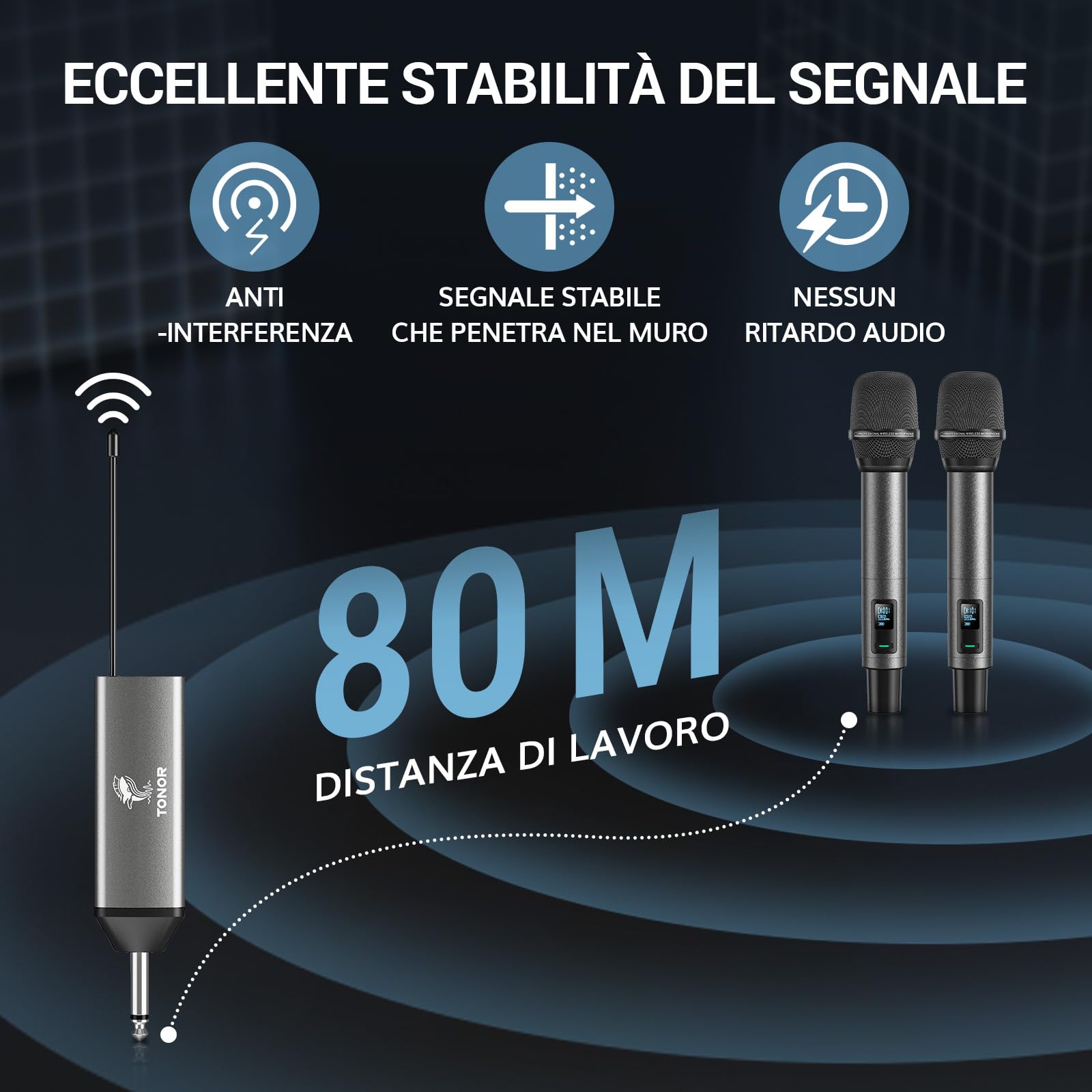 TONOR Microfono Wireless, Microfono Ricaricabile Professionale, Microfono Dinamico Cordless in Metallo 2x100 UHF per Karaoke, Chiesa, Canto, Matrimonio, Riunione, DJ, Volume Regolabile, 80 M,TW520