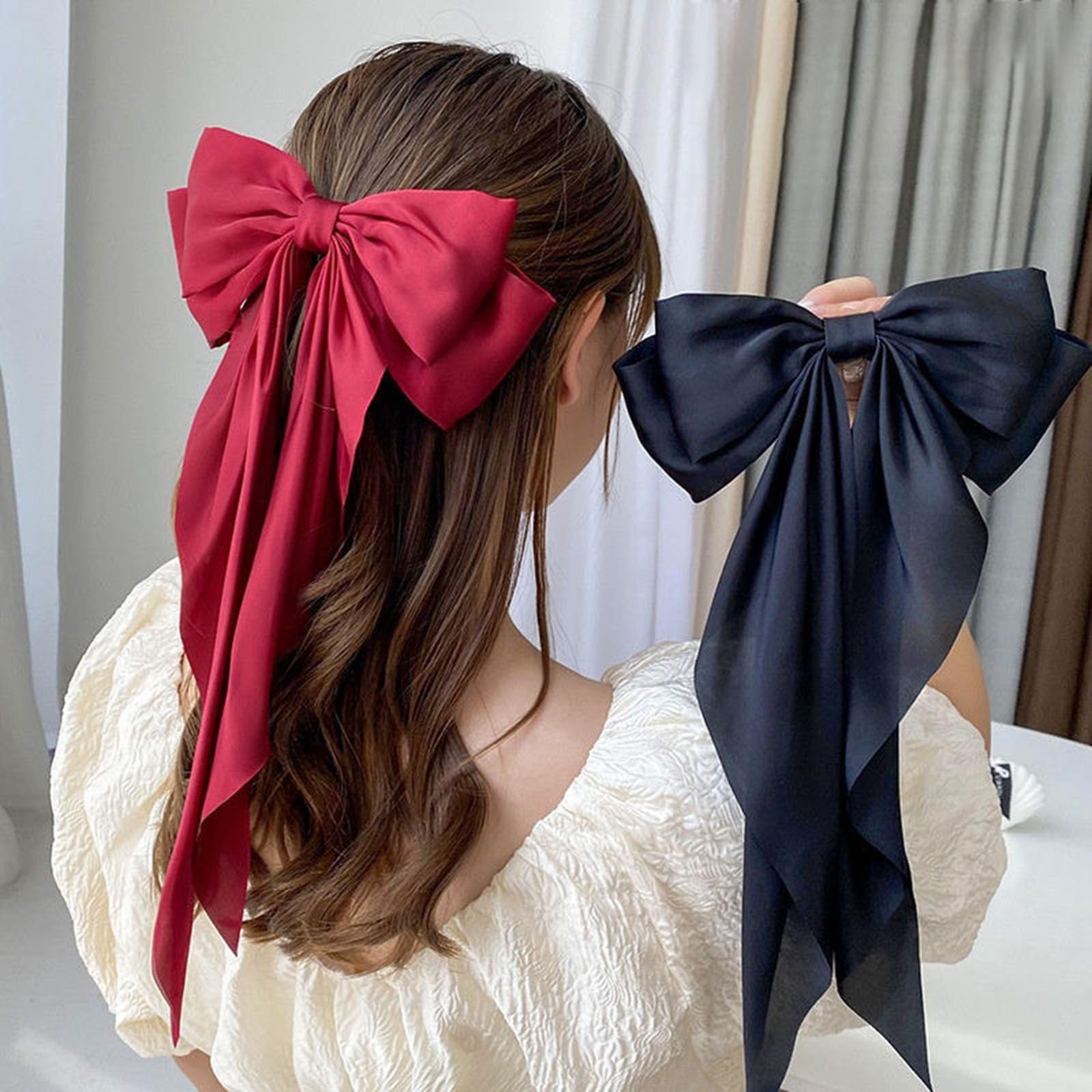 ZOONAI 2Pcs Big Satin Layered Hair Clip for Women Girls Large Long Bow Hair Clip Bowknot Hairpin Hair Accessories (Black Wine Red) - Image 3