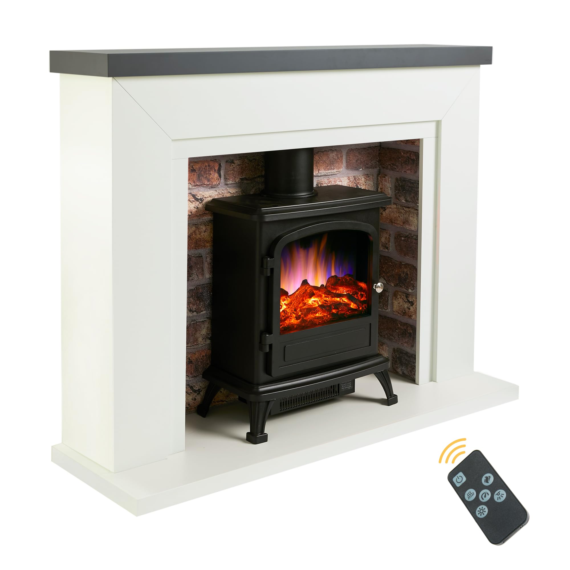 Endeavour Fires And Fireplaces Grey Top + Traditional Brick Endeavour Fires Farlington Electric Fireplace, Black Log Burner Stove In 48’’ Off White Surround, Led Downlights With Remote Control (Grey Top/Rustic Brick)