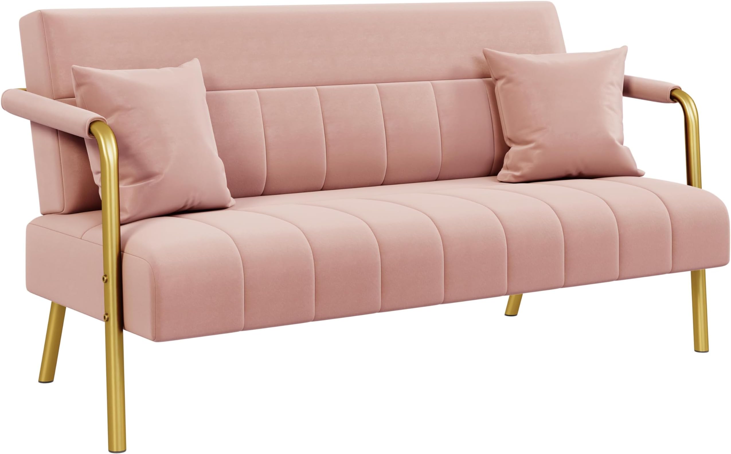 2 Seater Modern Sofa Velvet Fabric Loveseat with Gold-tone Metal Arms and Legs for Bedroom, Home Office, Studio, Living Room Furniture Pink