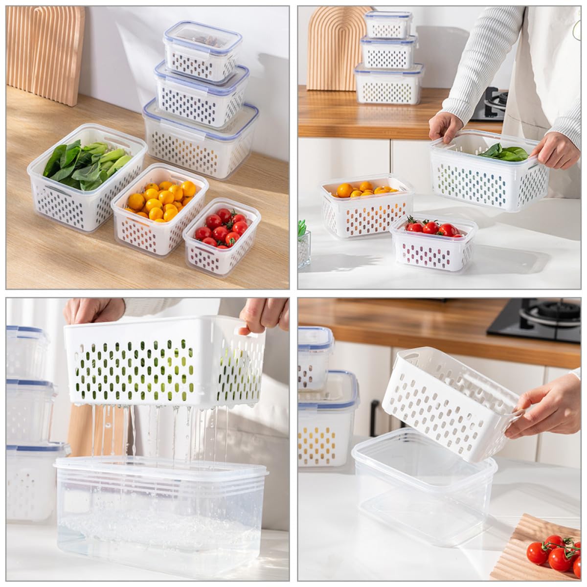 SHINEOFI Contenedores de Alimentos Rectangulares 3 Piezas Transparentes con Tapa y Cesta Escurridora Desmontable para Refrigerador, Cajas Herméticas para Frutas y Verduras, Almacenamiento