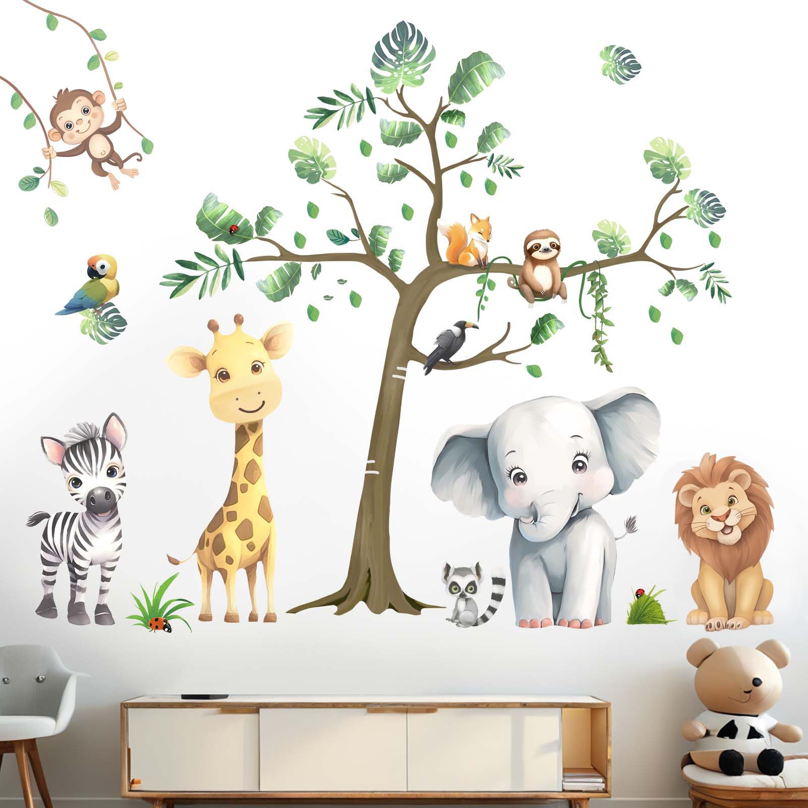 Baby Animal Wall Stickers for Nursery: Kids Boys Girls Bedroom Classroom Daycare Wall Decals - Jungle Animals Tree Elephant Lion Giraffe Monkey Sloth