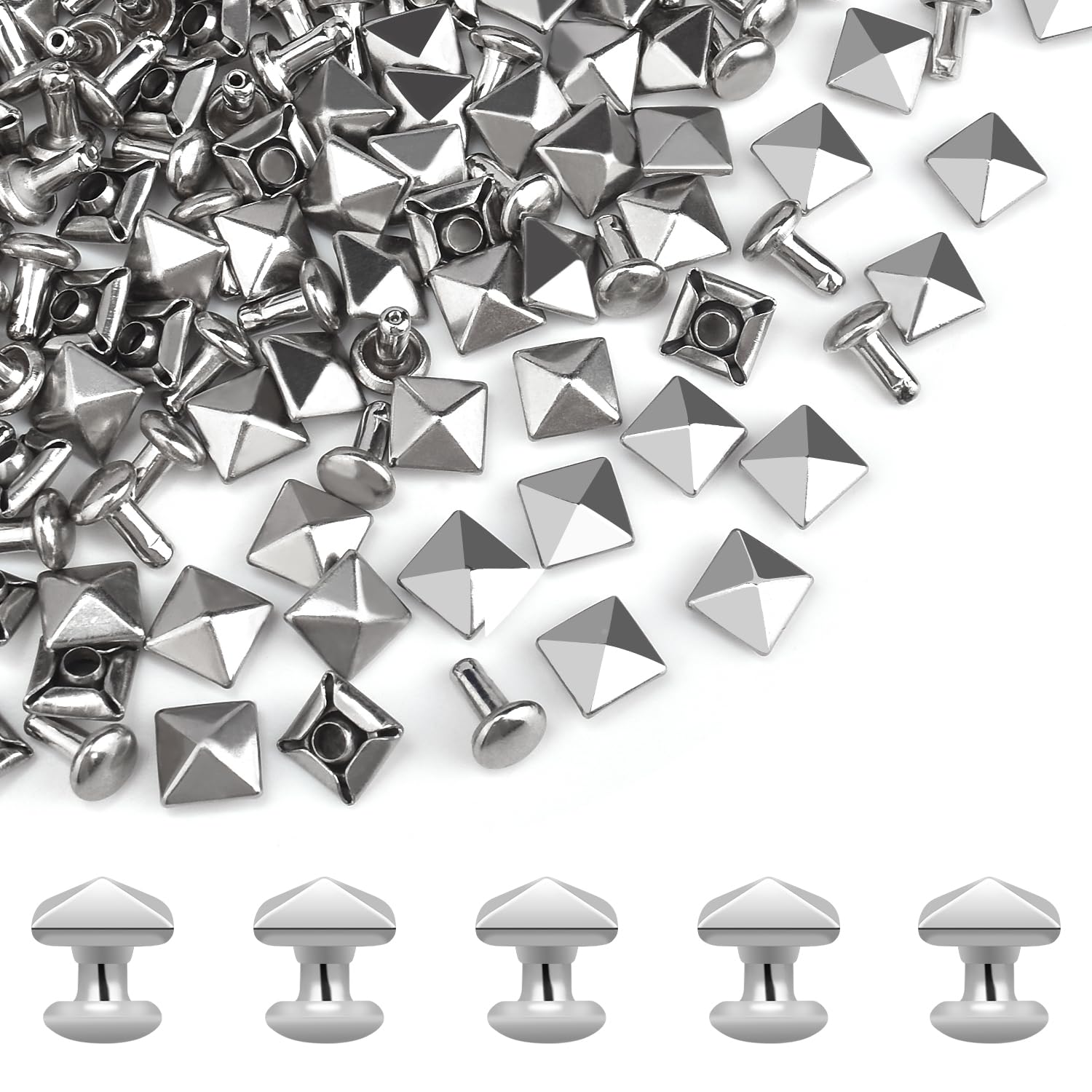 100Sets 6mm Square Pyramid Rivet, Leather Rivets Metal Spike Studs Rivet for Punk Rock Clothing Belt Bags Bracelets DIY Repair and Decoration
