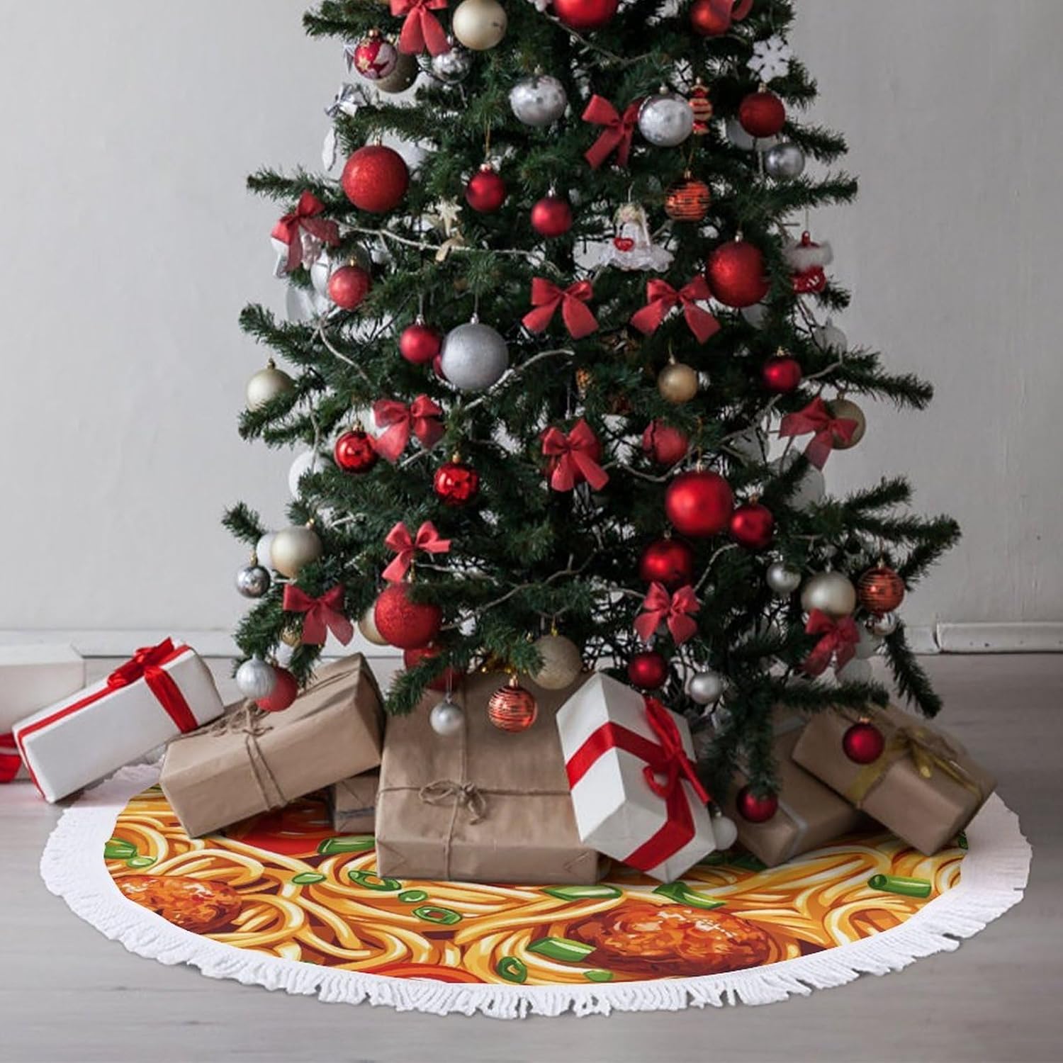 Italian Spaghetti Food Print Pasta Christmas Tree Skirt Round Xmas Tree Mat Ornaments Tree Skirts with Tassels for Holiday Party