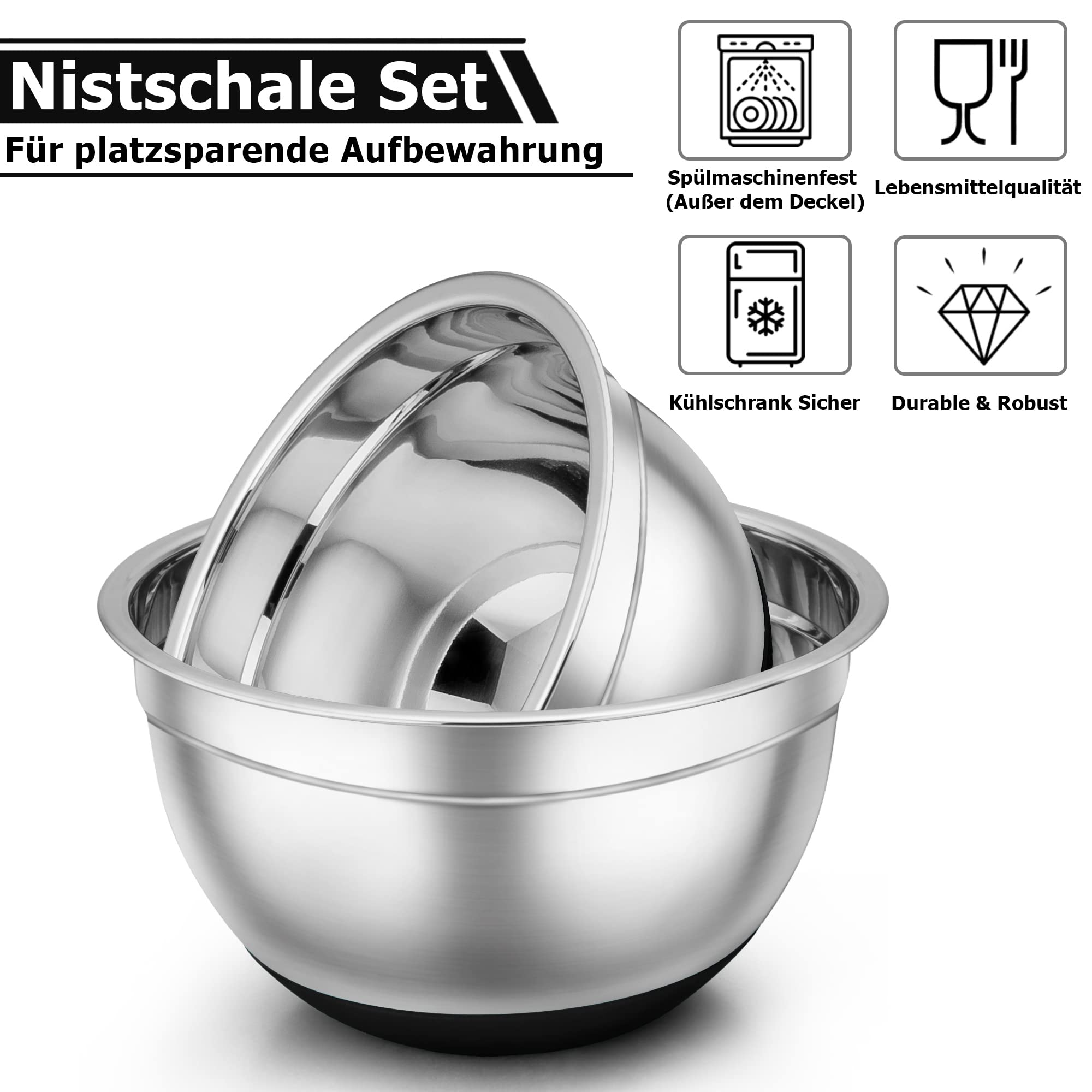 TEAMFAR Rührschüssel 7er Set, Edelstahl Schüssel Salatschüssel Set Schwarz | Stapelbar Schüssel Set, Luftdichten Deckel, Rutschfest Silikonboden, 0,7L/ 1,2L/1,5L/2,5L/2,8L/3,5L/6,5L, Spülmaschinenfest