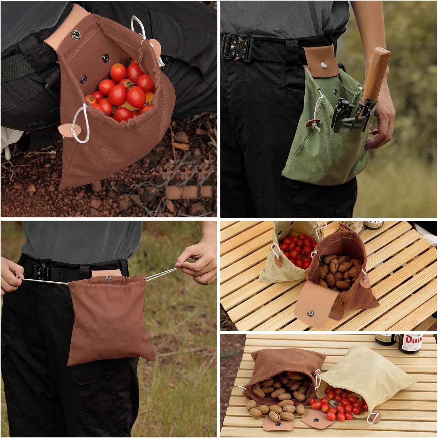 Foraging Bag, Outdoor Picking Fruit Bags, Waxed Canvas Foraging Pouch, Foldable Leather Belt Pouch with Drawstring Multi-Purpose Picking Bag for Camping, Shells, Treasures, Travel, Hiking - Image 5
