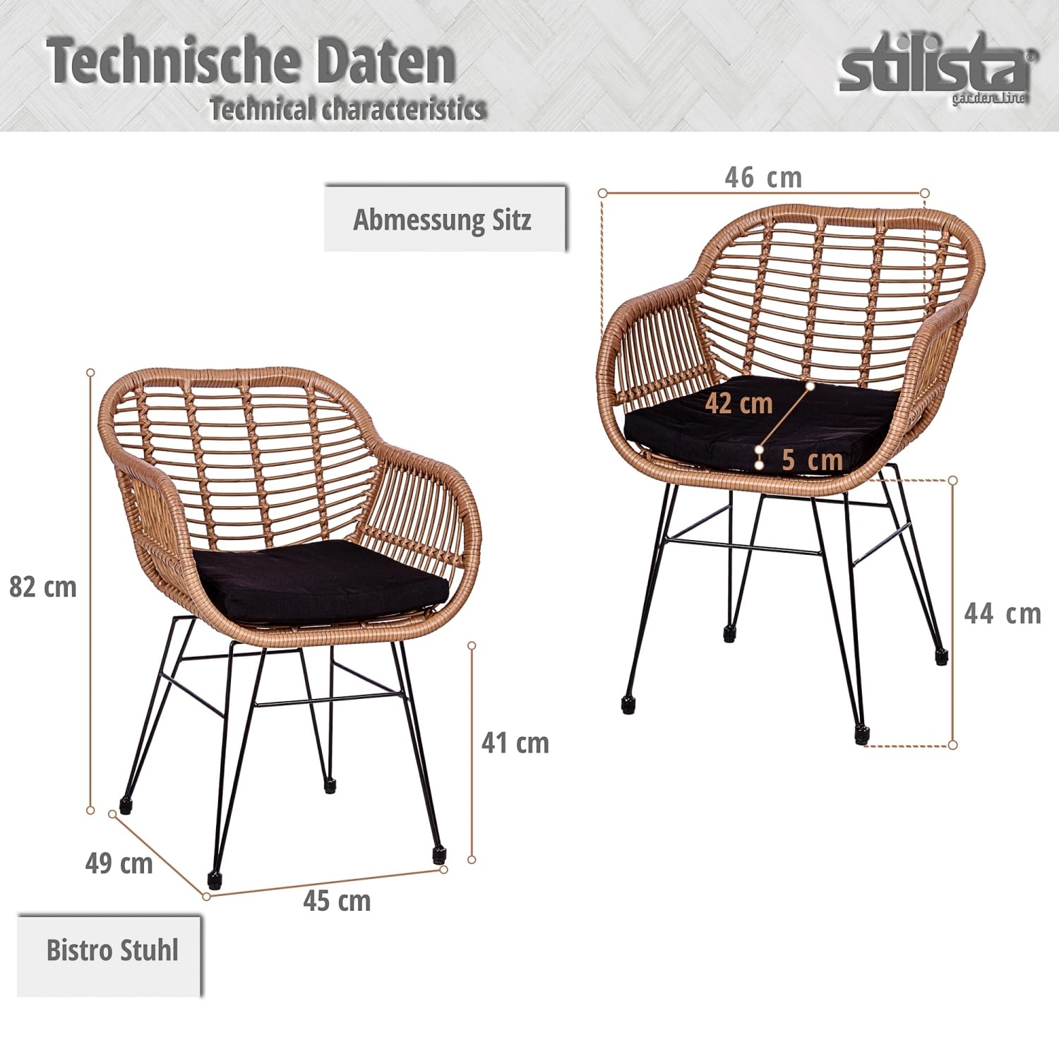 STILISTA Poly-Rattan Gartenstuhl 2er Set wetterfest Indoor Outdoor geeignet