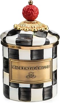 MACKENZIE-CHILDS Enamel Canister, Mini, Black-and-White Courtly Check | Hand-painted design, made from enameled steel, versatile kitchen storage container for flour and sugar, 14-ounce capacity