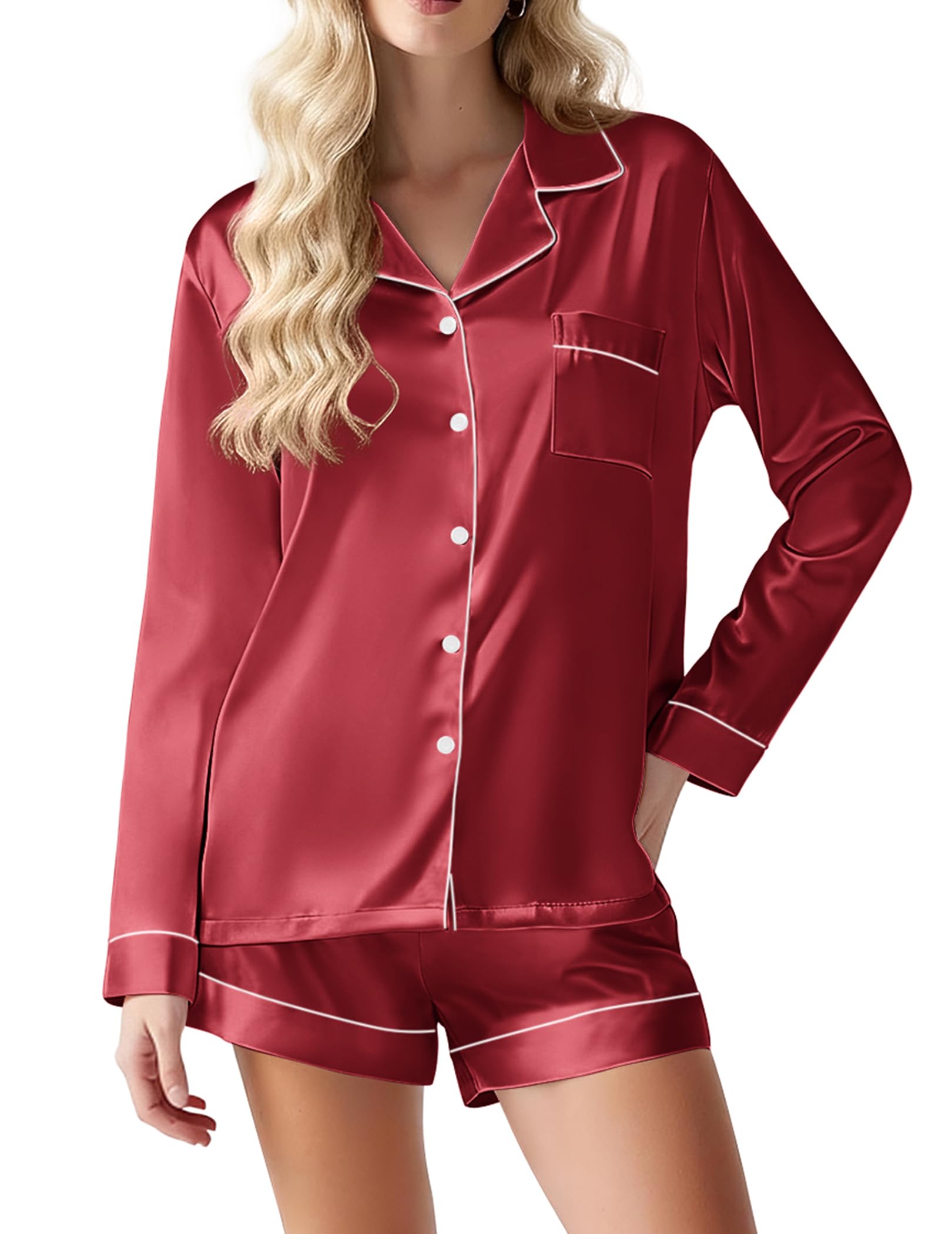 Ekouaer Satin Pajama Set for Women Button Down Pj Set Long Sleeve Top and Shorts 2 Piece Loungewear Summer Soft Sleepwear