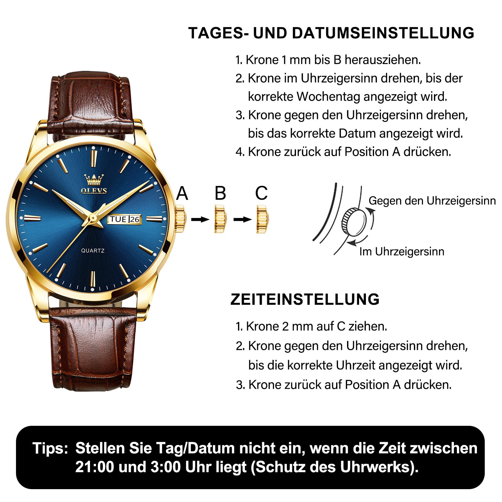 OLEVS Orologi in pelle da uomo, Orologi al quarzo analogico in acciaio inossidabile Uomini, Orologio classico da uomo negozio, Orologio da polso impermeabile Luminous Day Date Uomini