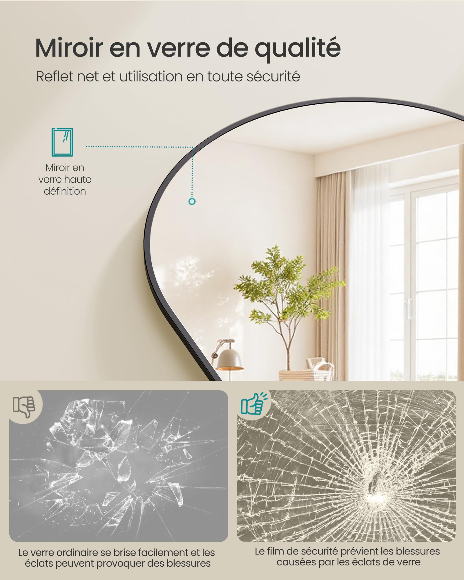 SONGMICS Miroir Intégral Arqué sur Pied 160 x 50 cm Cadre en Alliage d’Aluminium Verre Trempé Noir