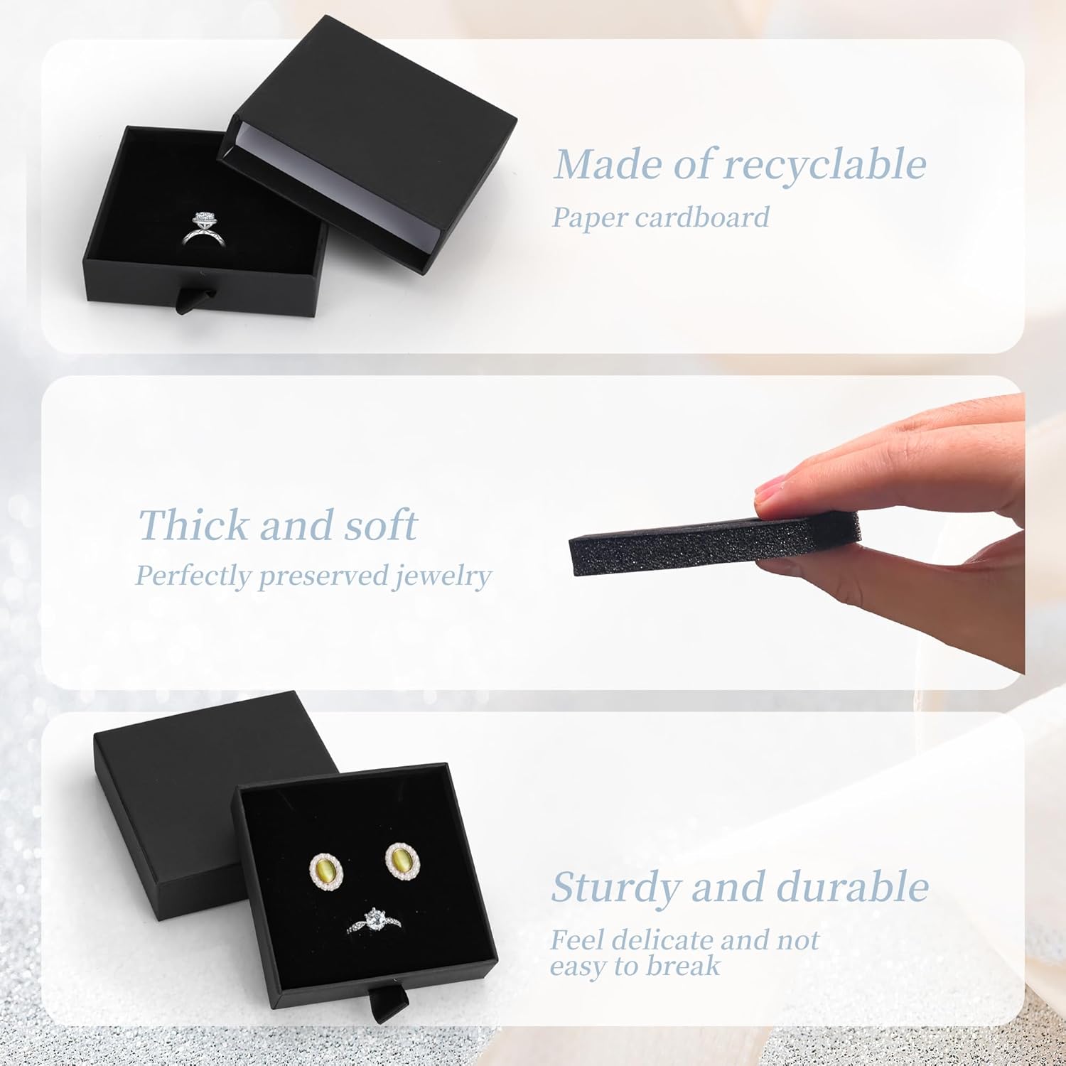MATUFF Jewelry Gift Boxes, 10 Pack 3.5" × 3.5" x 1" Sponge Fill Cardboard Jewelry Box Bulk, Drawer Style Small Gift Boxes for Necklace Pendant Bracelet Ring Earring Display and Storage, Black - Image 3
