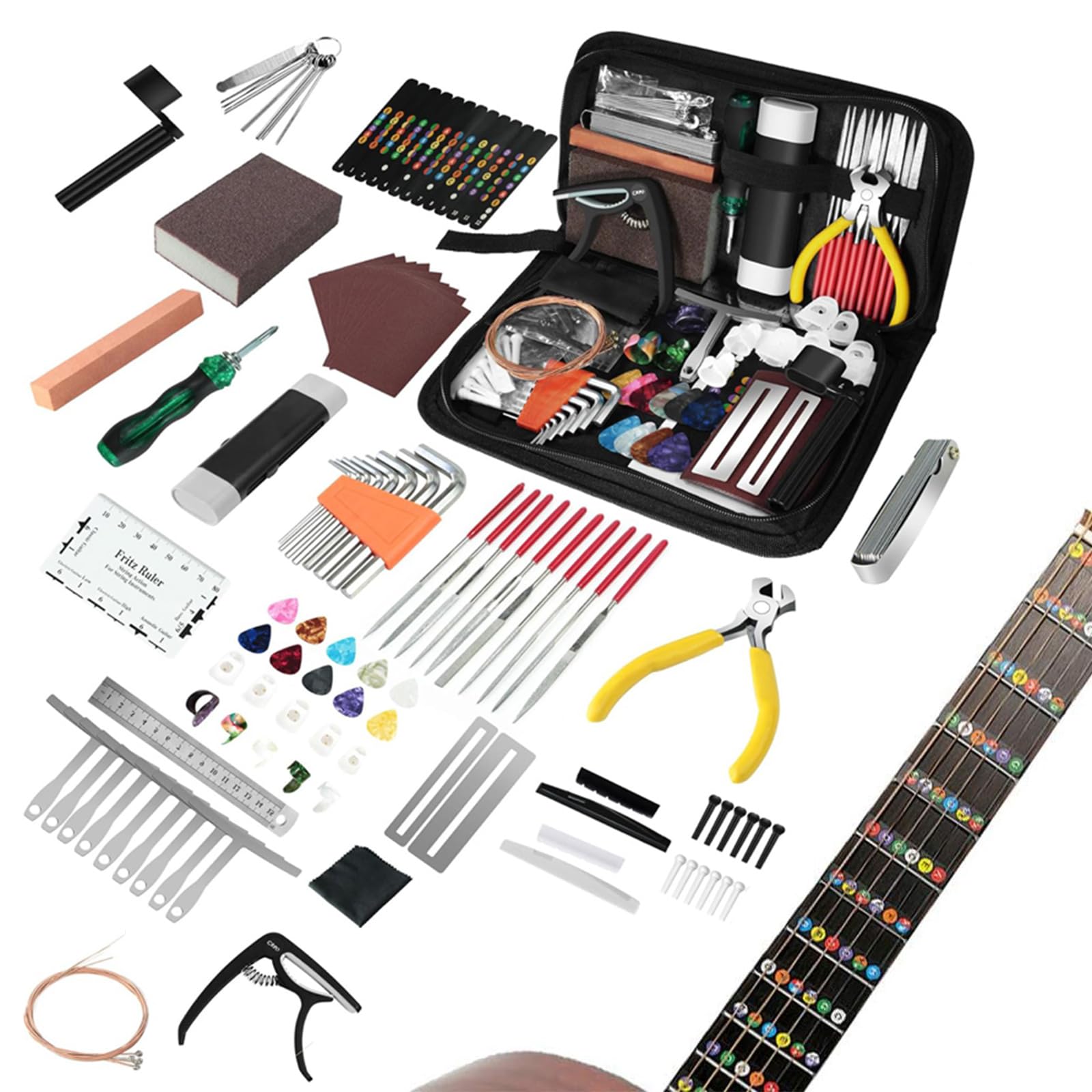 99 szt. zestaw narzędzi do naprawy gitary wielofunkcyjny zestaw naprawczy gitary z torbą do przechowywania akustycznych gitar elektrycznych basowych banjo