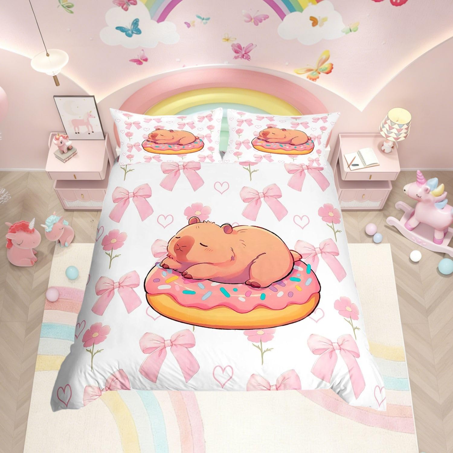 Homewish Kids Kawaii Capybara Duvet Cover Set Girls Pink Bow Bedding Super King - Sweet Donut Capybara Animal Quilt Cover Princess Style Bowknot Floral Bed Set with Pink Reverse - 2 Pillowcases