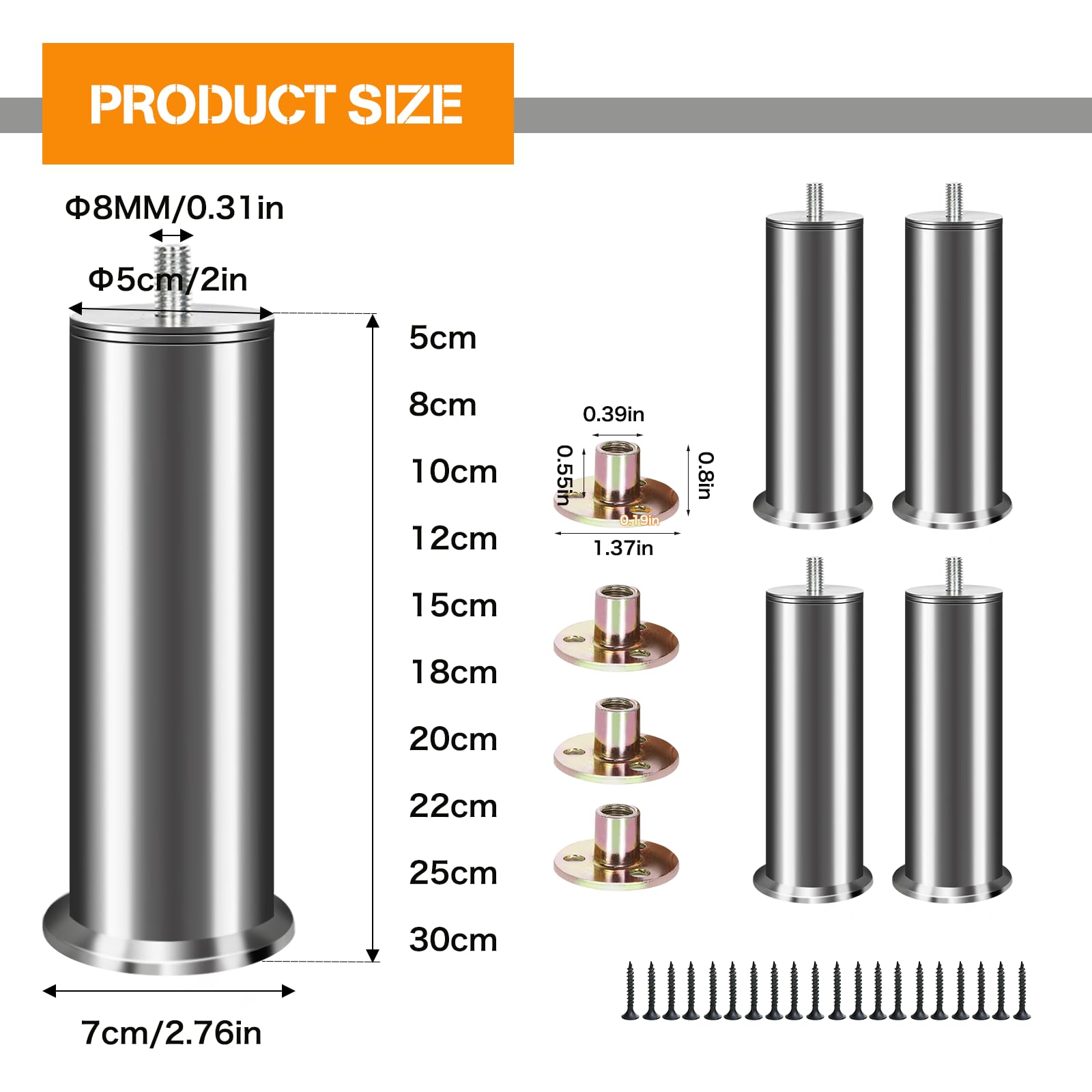 4 patas para muebles de acero inoxidable, patas de metal, ajustables, altura regulable, patas redondas, patas para muebles, mesa, cama, armario, sofá, patas de repuesto (25 cm, M8)