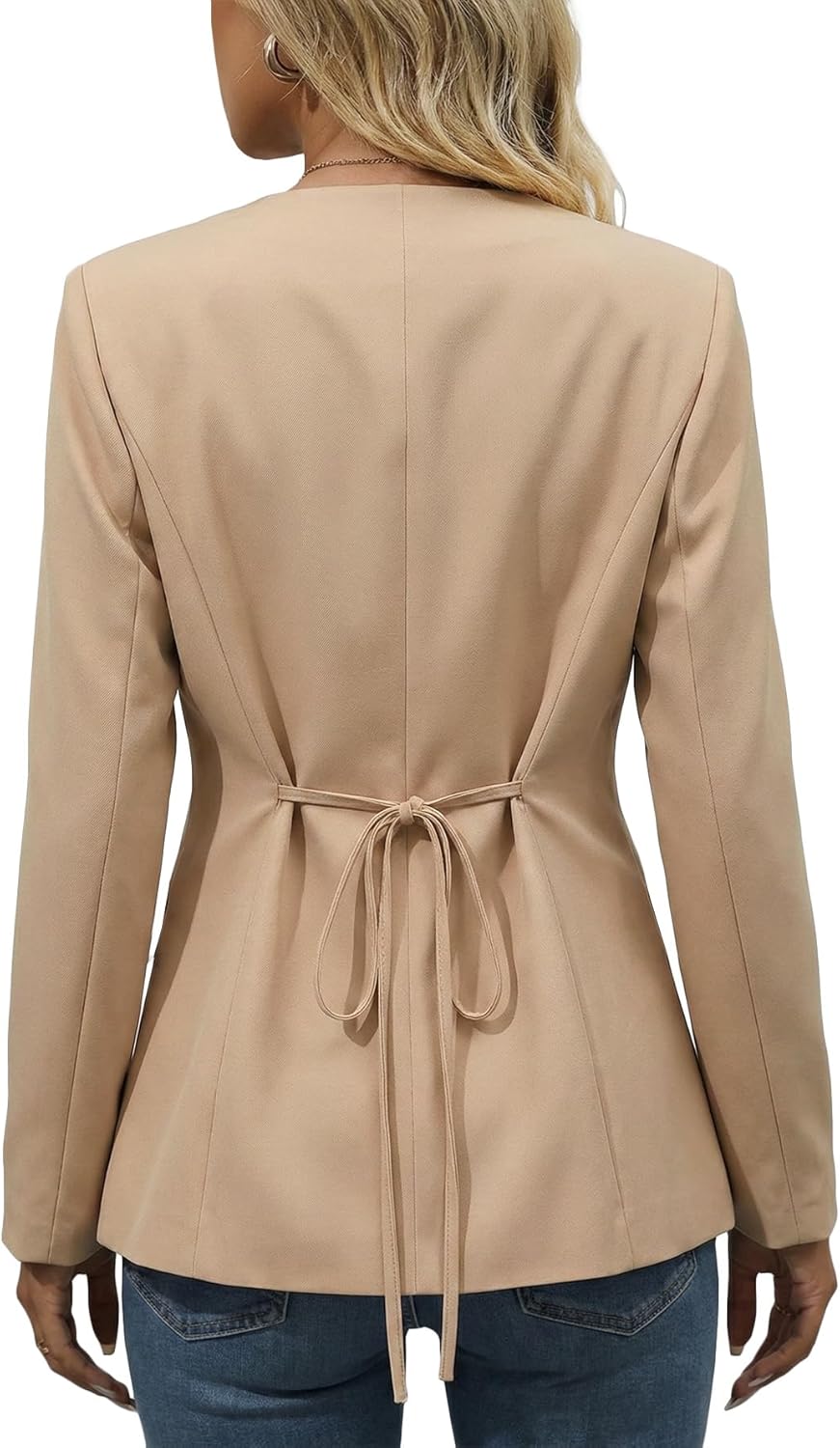 Mina Self 2026 Spring Women Long Blazer-Business Casual Crew Neck Button Down Split Hem Work Jacket with Pockets Belt - Image 5