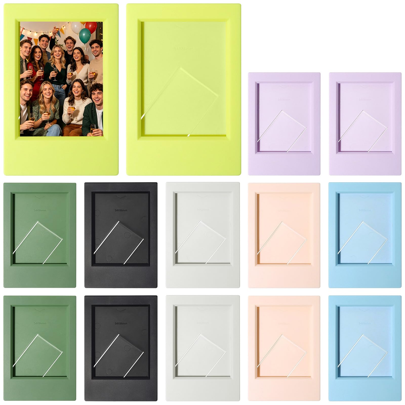 14 Pack Colorful Photo Frames Compatible with Instax Mini Instant Photos, Portable Plastic Standing Picture Holders with Convenient Top Slot, Multicolor Assortment, 3.62 x 0.27 x 2.4 in