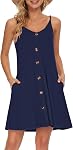 WNEEDU Femme d'été Spaghetti Strap Button en bas V cou Casual Beach Cover Up Robe avec poche
