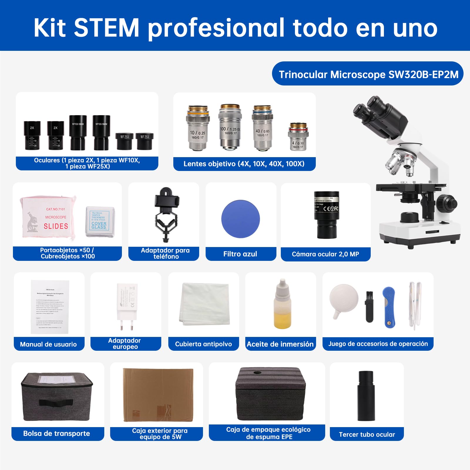 SWIFT SW320B Microscopio binoculare 40X-5000X con fotocamera da 2MP | Microscopio professionale da laboratorio, custodia per il trasporto, supporto per smartphone e accessori per esperimenti