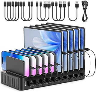 Stazione di Ricarica USB C, 10 Porte Multipla Caricabatteria con Divisori Regolabili Rimovibili, Protezioni Surriscaldamento, Sovraccarico, Sovratensione e Cortocircuiti