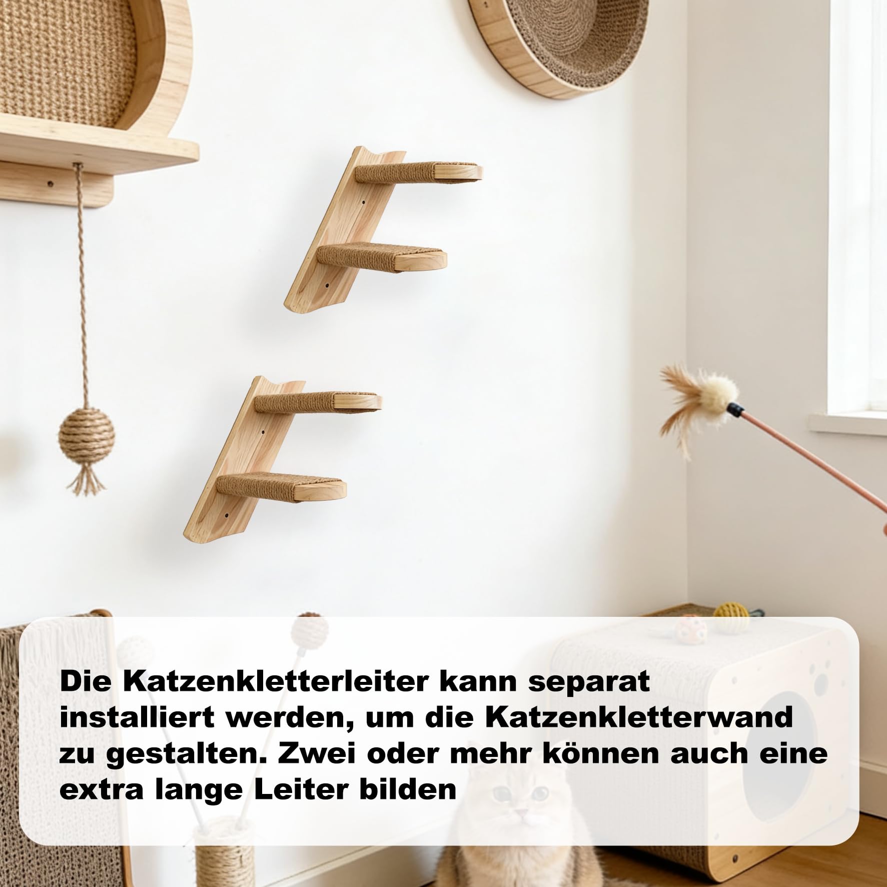 Katzentreppe 2Pcs Kletterwand für Katzen, Katzenleiter Katzenbretter für die Wand, Katzen Wandelemente mit Juteseil, Wandkratzbaum für Katze Klettern Spielen (Kann 15kg Tragen)
