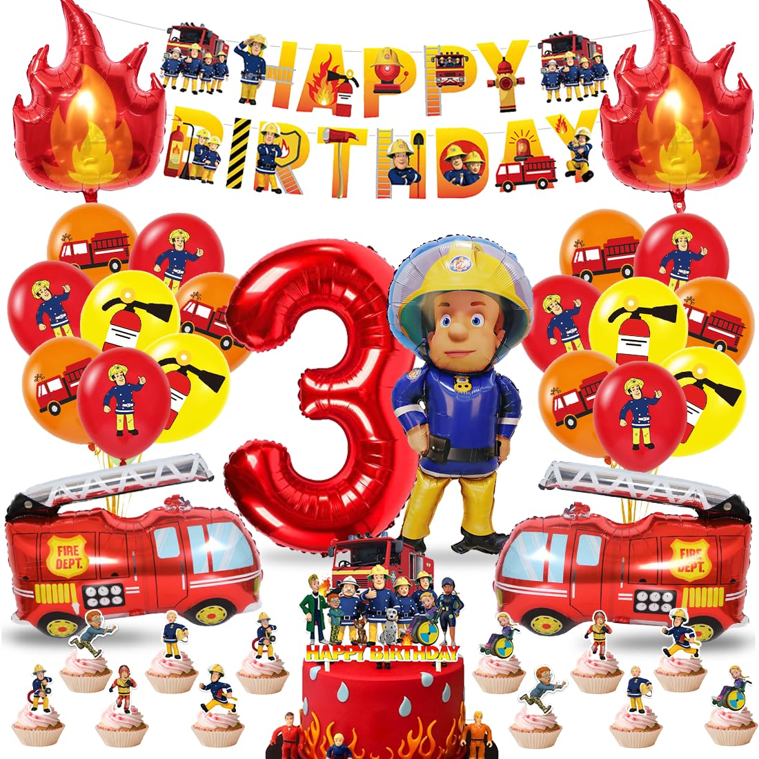 Feuerwehr-Kindergeburtstag Deko – Für 4. Geburtstag Jungen, Mit Luftballons, Banner & Kuchen-Deko, Komplettes Party-Set