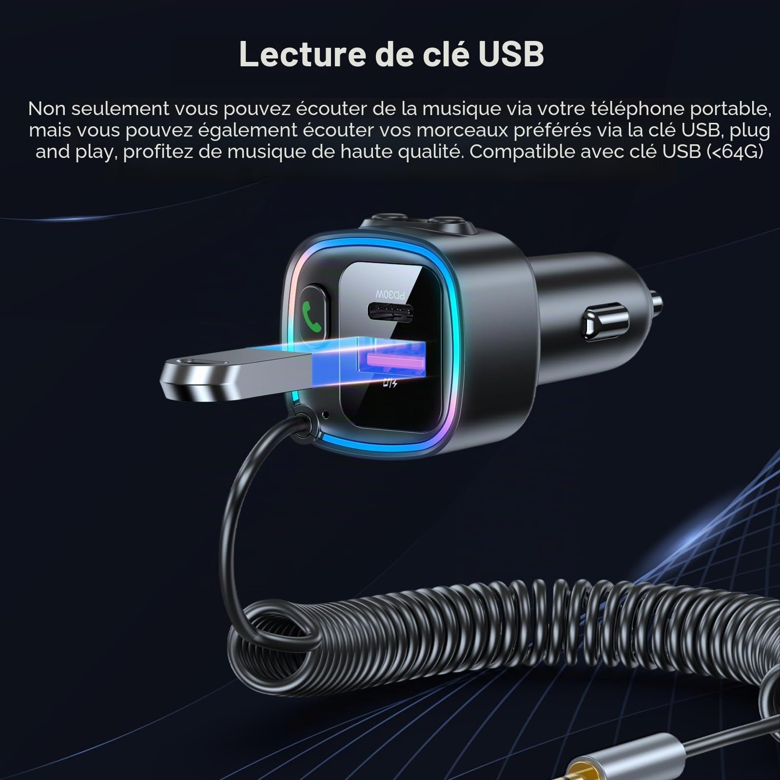 Adaptateur Bluetooth 5.4 Voiture Recepteur Bluetooth Jack Chargeur Voiture 42W(PD 30W & QC 12W) avec Prise Jack 3.5mm Autoradio Enceinte Haut Parleur Amplificateur Appel Mains Libres Support U Disk