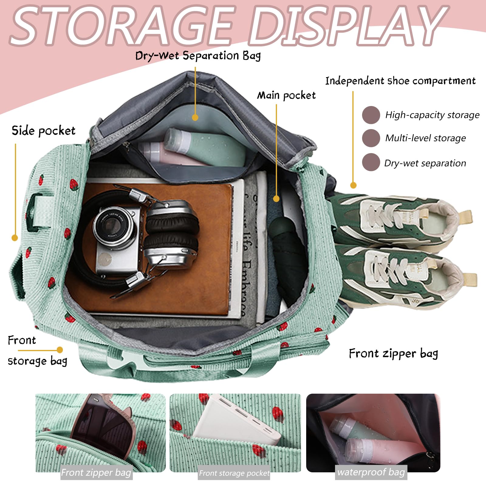 Bolsa de Deporte para Mujer, Pana Fresa Sporttasche con Compartimento para Zapatos, Compartimento y Billetera Pequeña para Mojados, Bolsa de Viaje für Viajar, Fitness, Deporte, 46x24x26 cm — view 4