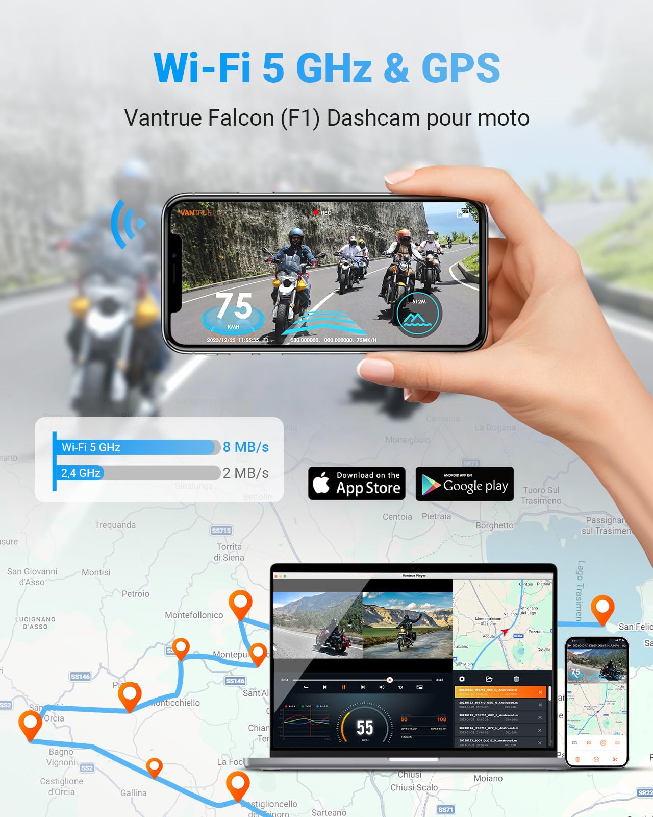 VANTRUE F1 4K+1080P Caméra de Moto étanche IP67，5GHz WiFi GPS Dashcam Moto Avant et Arrière, Alertes Vocales, 24H Détection de Collision，Statistiques de Kilométrage，WDR & HDR & Appli,300° Max 512G