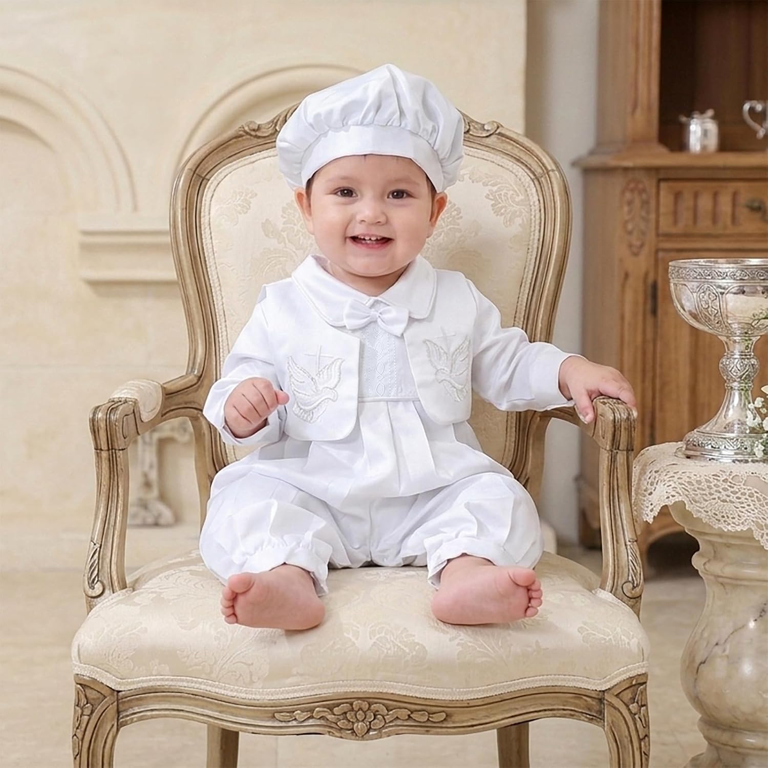 Dressy Daisy Infant Baby Boy Christening Baptism Outfit Satin Romper Bodysuit Set with Bonnet Hat Size 0-18 Months, White