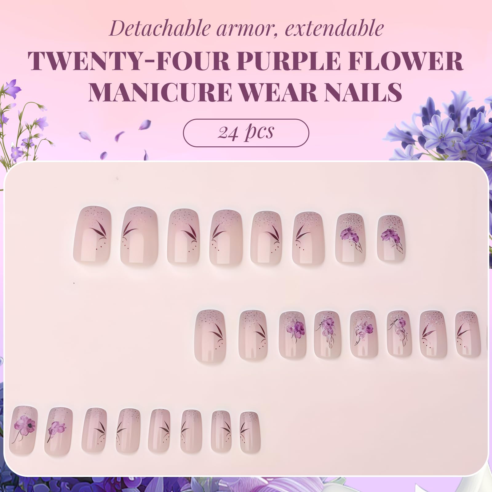 AstraGlam 24PCS Purple French Press on Nails, Short Square Soft Gel False Nails with Floral Design and Glitter - Image 2