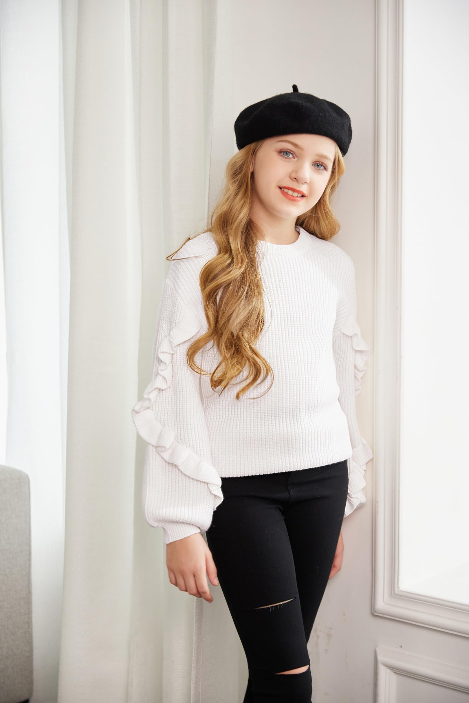 Arshiner Dziewczęcy sweter lampion rękaw dziecięcy dzianinowy ciepły sweter luźny okrągły dekolt sweter top zimowy z długim rękawem dla dziewcząt 7-14 lat
