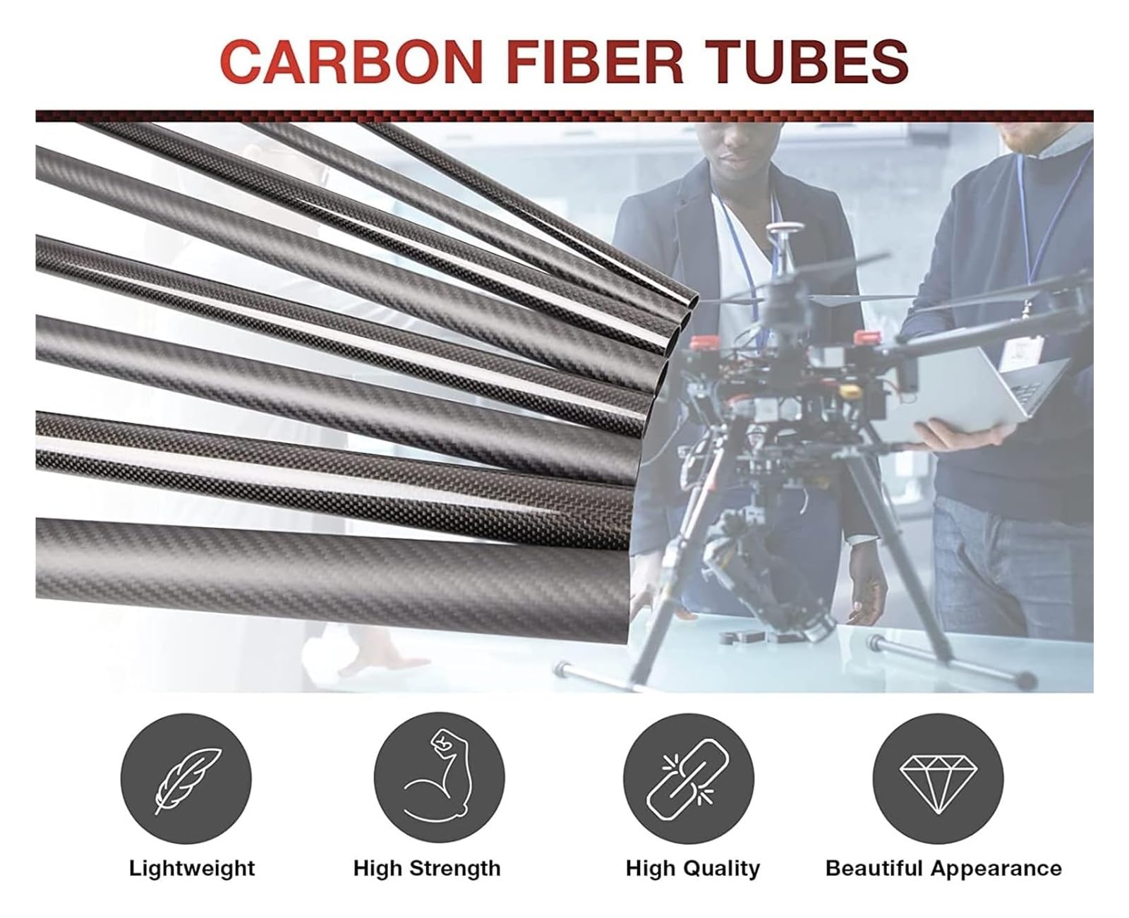Tubo in fibra di carbonio, Tubi CF cavi lucidi avvolti in tessuto normale 3K da 500 mm, confezione 2 multicotteri fai-da-te di molte dimensioni(26x24x500mm)