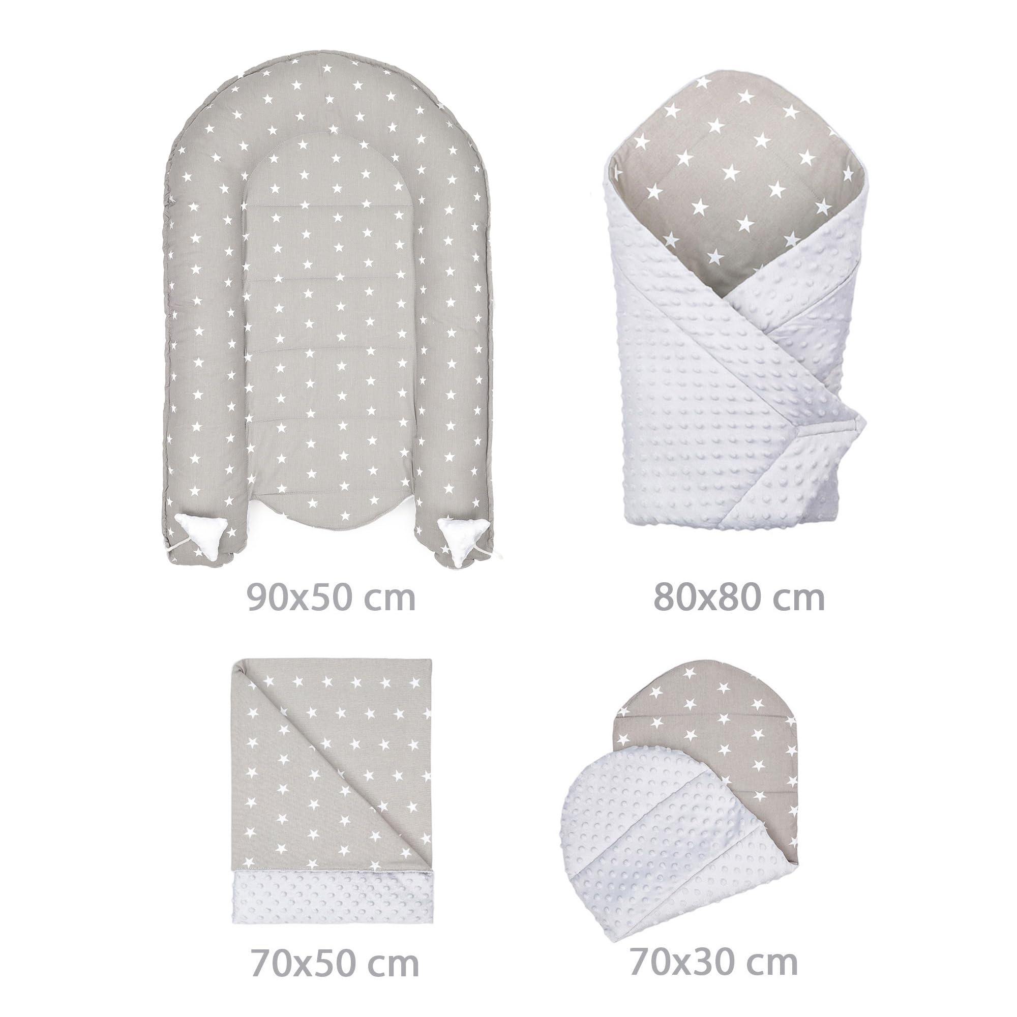 Totsy Baby Riduttore lettino neonato 90x50 cm - riduttore per culla tessuto in pile di cotone Bozzolo in 4 parti con coperta Stelle Grigio Chiaro