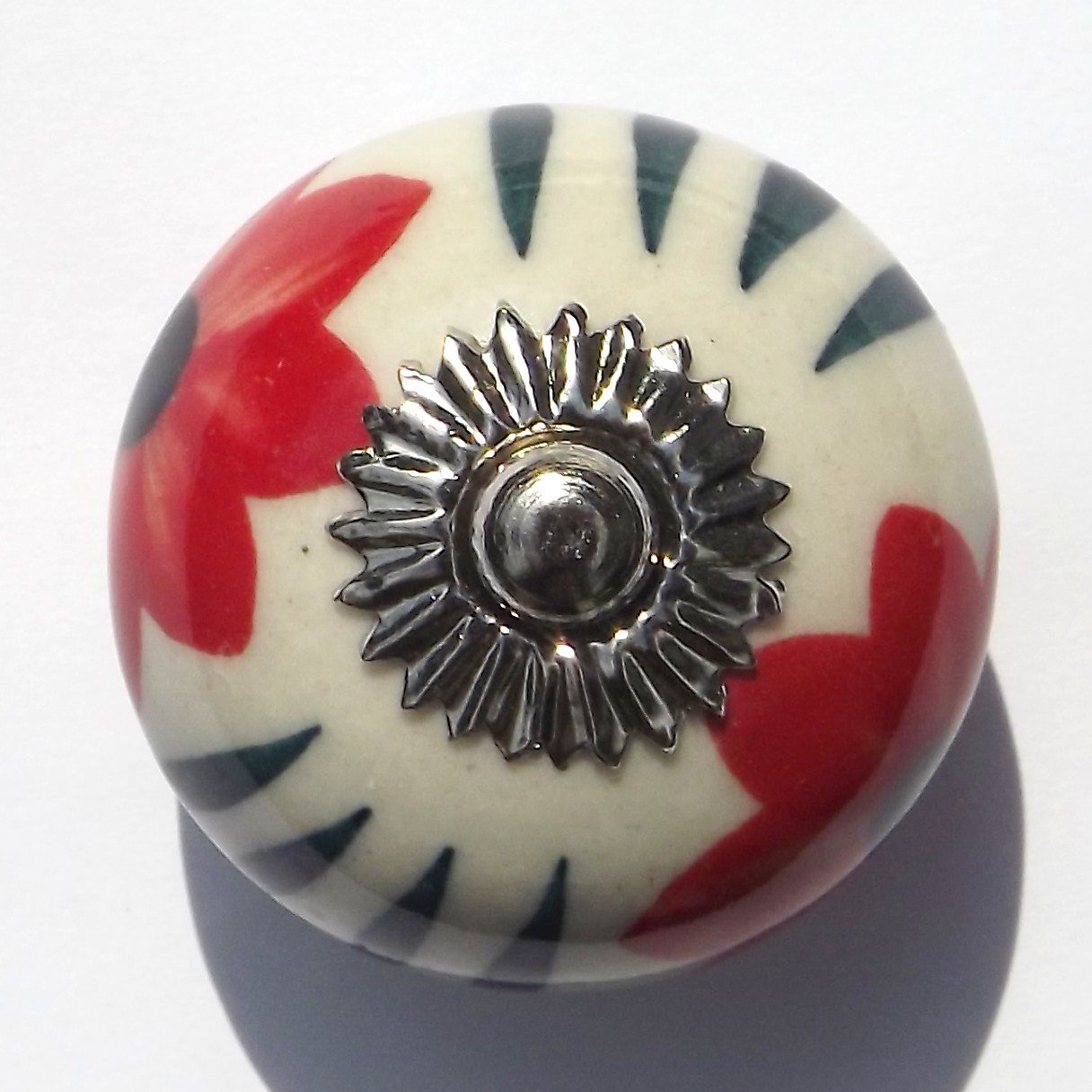 Antique White Round with Poppy and Green Leaves (Chrome Fittings) Ceramic Cupboard Door knobs Drawer pulls Shabby Chic Handle Porcelain
