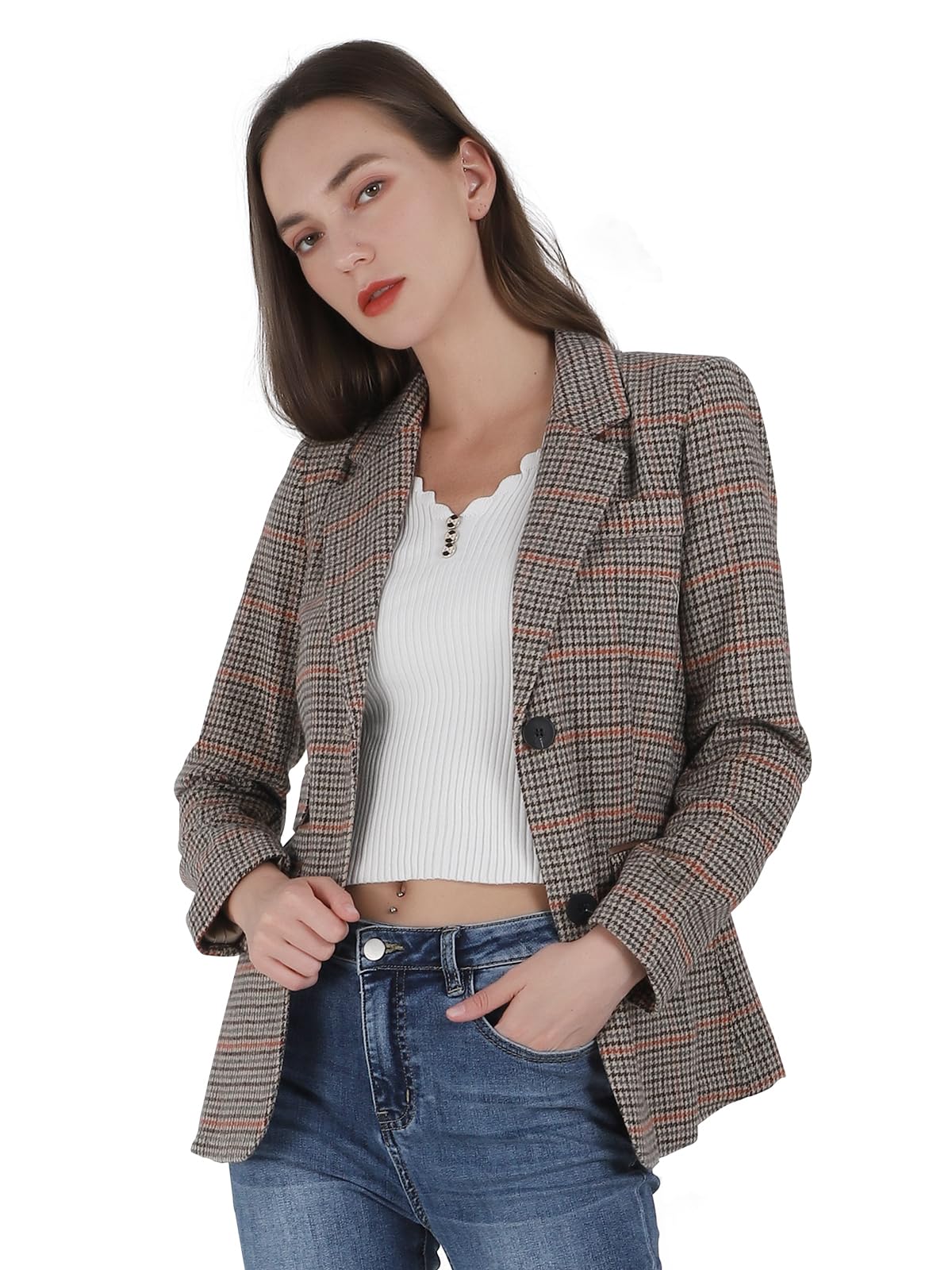 Womens Fashion Notched Lapel Wool Plaid Blazer Slim Long Sleeve Jacket with Elbow Patch Large Khaki