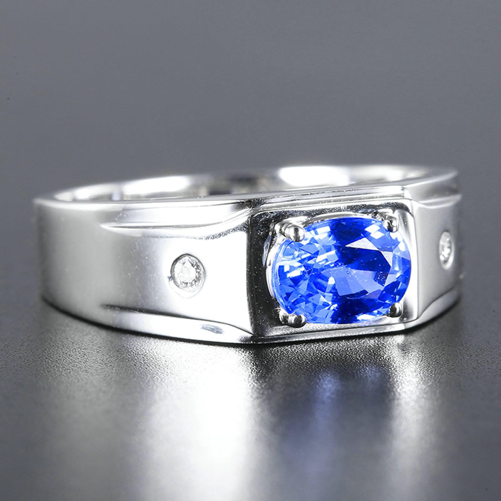 Pierścionki męskie ze srebra wysokiej próby 925, prosty owalny niebieski szafir 1,33 ct. Pierścionek ślubny i moissanit pierścionek dla chłopaka, pana młodego srebrny