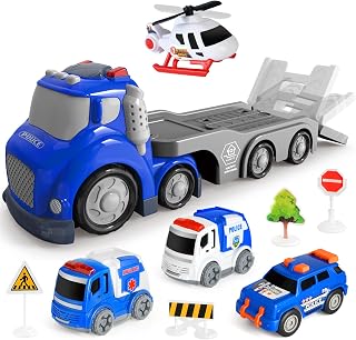 Truck Toys for Toddler 1, 2, 3, 4 Year Old Boy, City Police Transport Trucks Toy Set, Ideal Christmas Birthday Gifts for Kids.