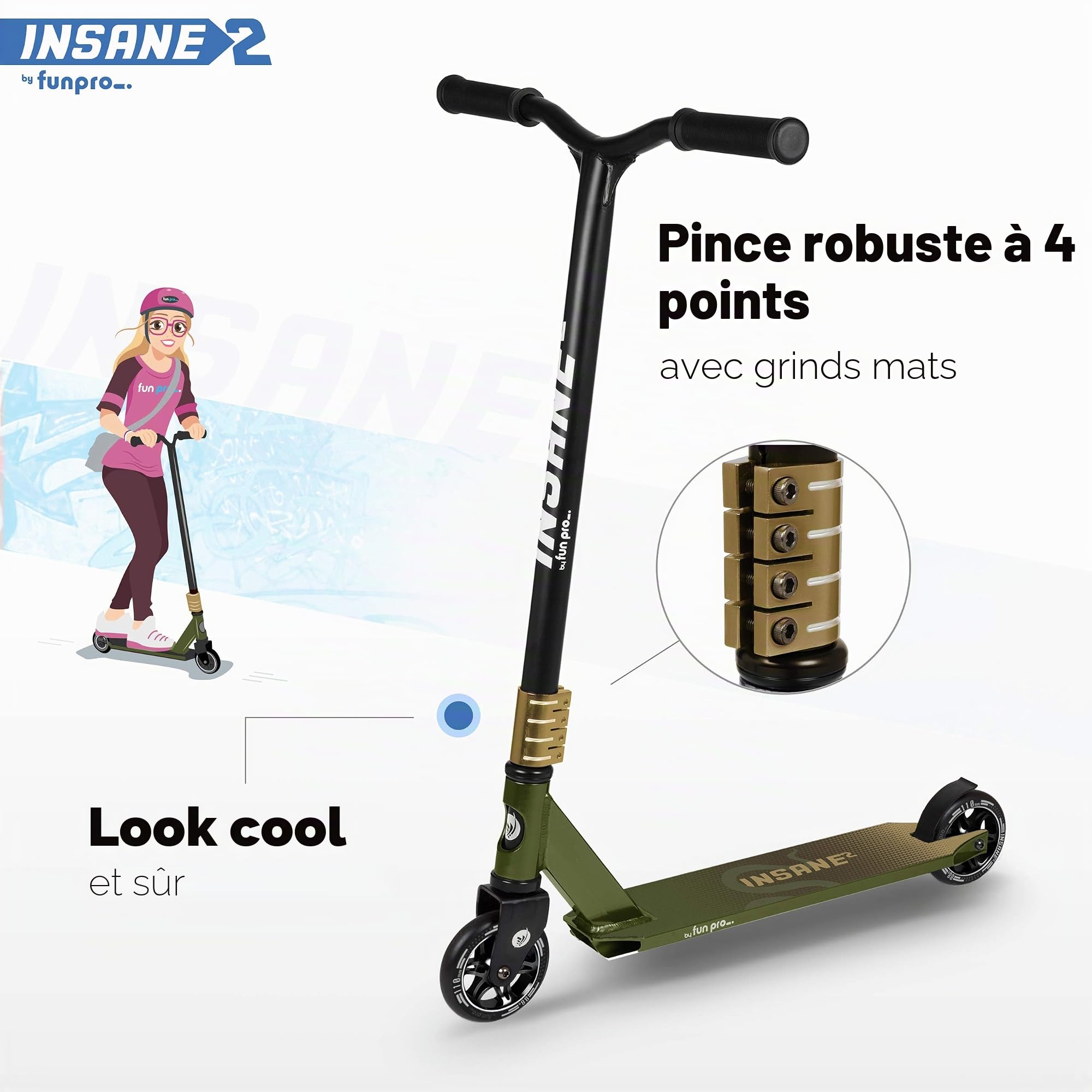 Fun Pro Trottinette Insane2, Freestyle avec Roulements ABEC 9, Grip, Roues Aluminium 110 mm, Pour Enfants et Adultes, jusqu'à 100 kg, Jungle