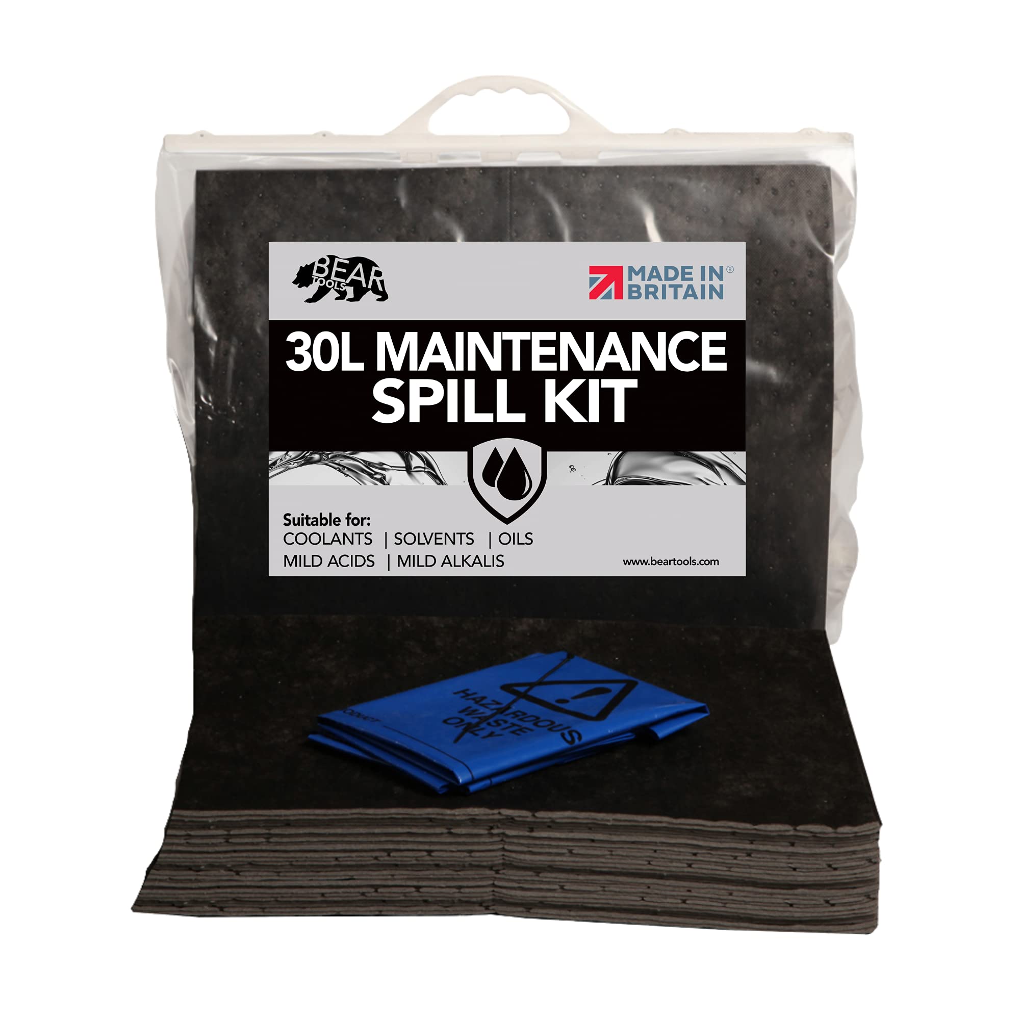 BearTOOLS 30L Spill Kits (30L, Maintenance) UK Manufactured, Grey, Absorbs Non-Aggressive Oil and Water Based Fluids, For Indoor/Outdoor Use, Clip Top Kit Design.