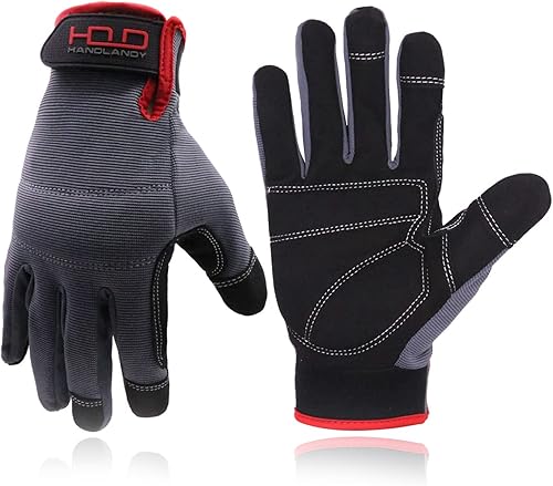 Handlandy - Guantes de trabajo para hombre con pantalla táctil, piel sintética, transpirables de elastano, flexibles, acolchados para nudillos y